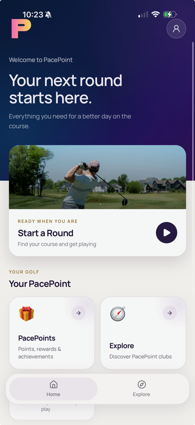 The PacePoint iPhone app Home screen: Your next round starts here, with Start a Round, PacePoints and Explore